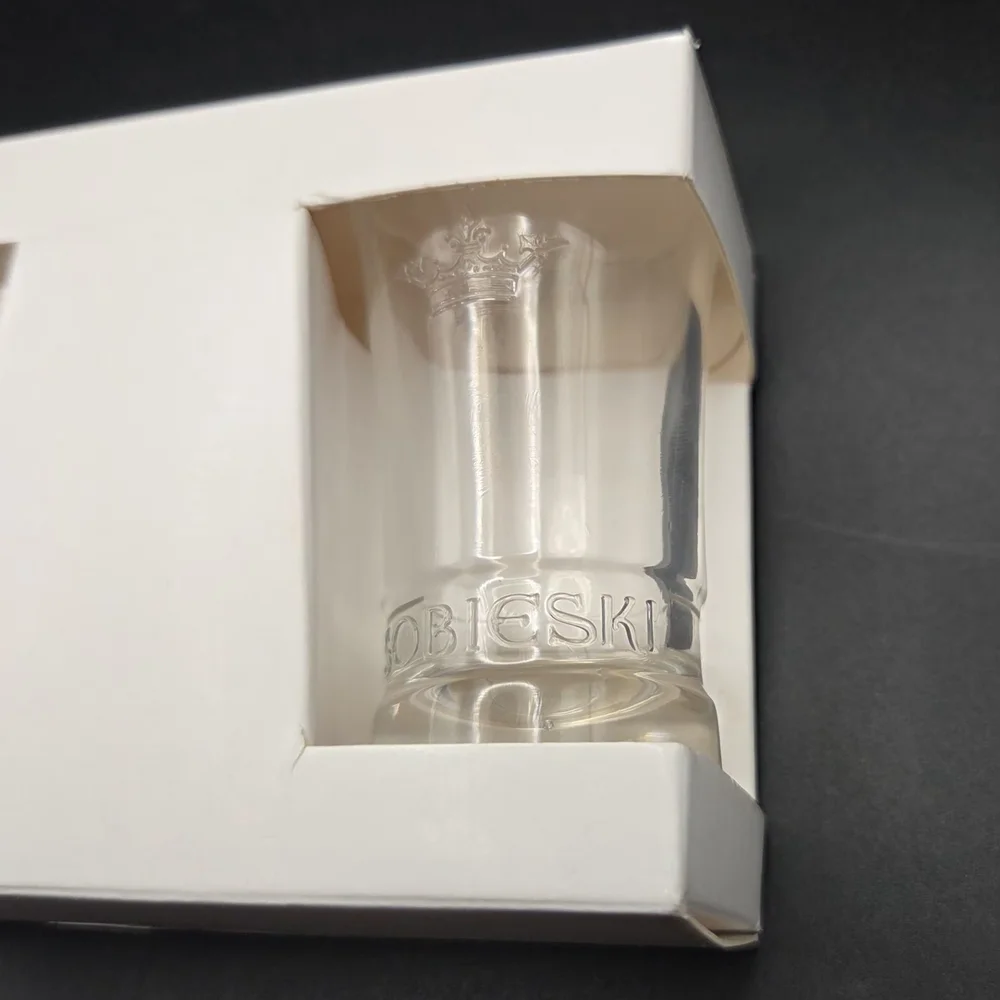 SOBIESKI Polish Vodka Shot Glasses, Set Of 2 Embossed Crown and Logo/Label, NIB